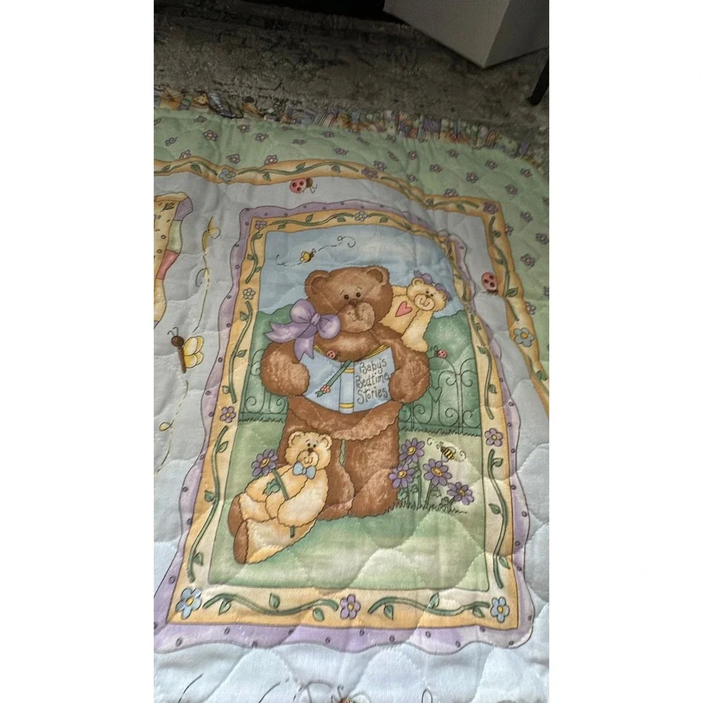 Vintage Teddy Bear Bedtime Stories Baby Quilt Pastel Ruffle Reversible Blanket